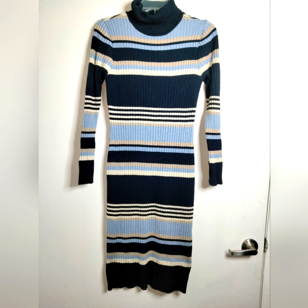 Cato (Size L) Multicolored Turtleneck LS Ribbed Stretch Knit Sweater Midi Dress